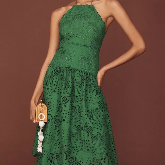 Farm Rio Palm Tree Eyelet Halter Neck Midi Dress Small/XS - Picture 1 of 6